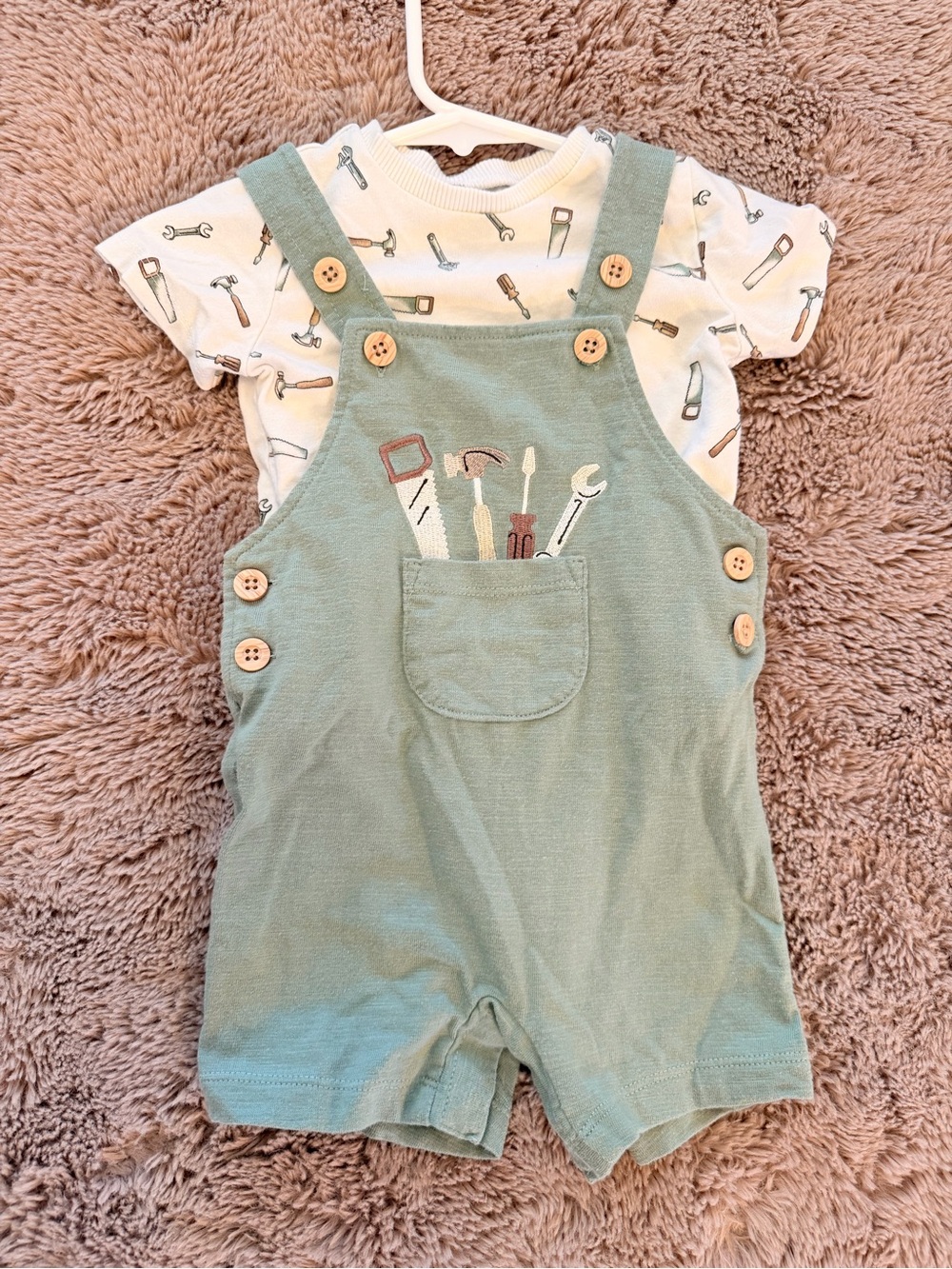 Tool-Print Sage Green Baby Overalls Set